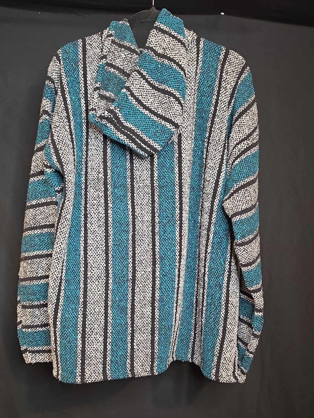 Striped Teal and Black Cozy Cowl-Neck Sweater